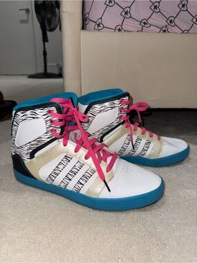 Adidas High-Top Sneakers in White, Teal & Pink